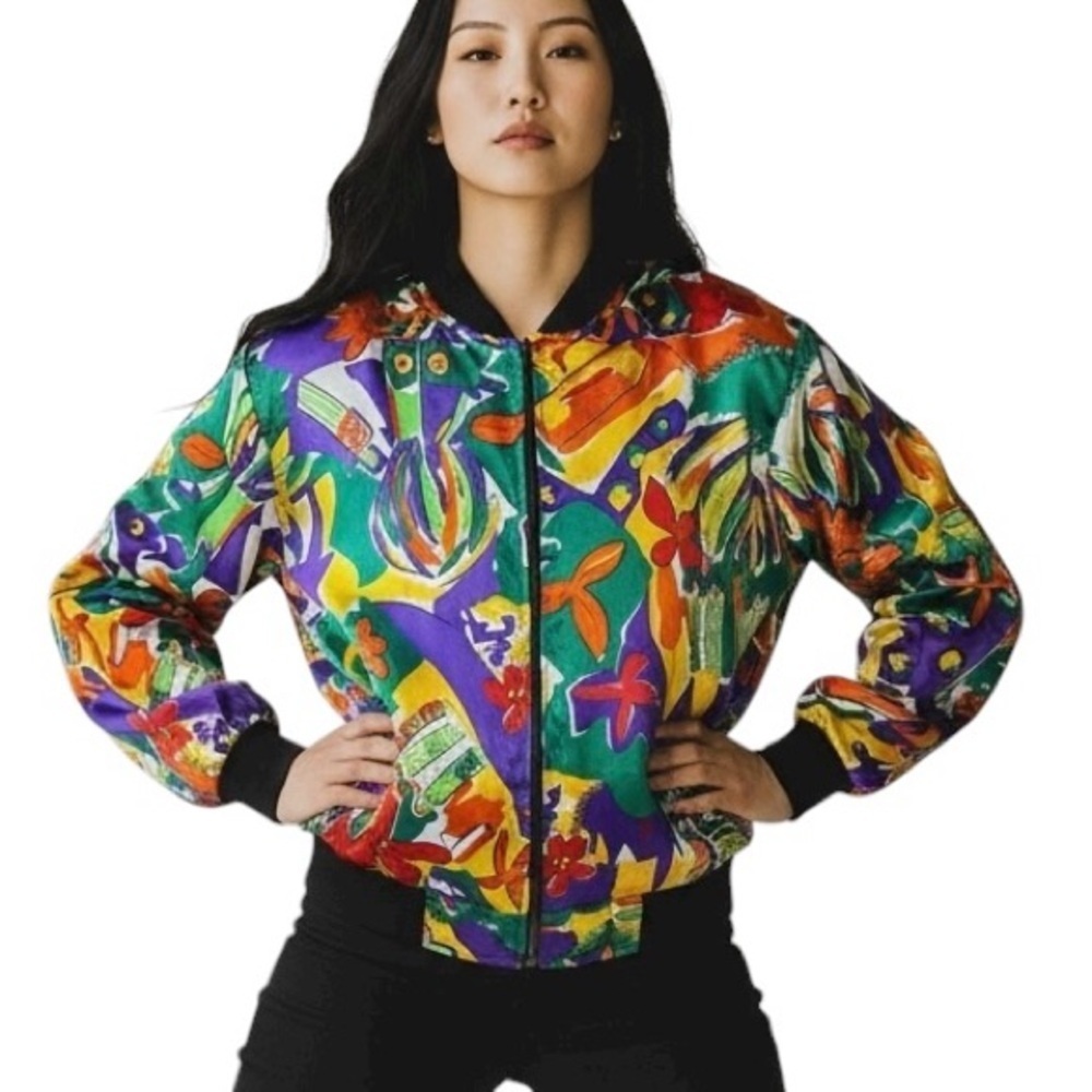 Vintage 80s Stefano Satin Bomber Jacket Neon Abstract Miami Art Print Blogger M